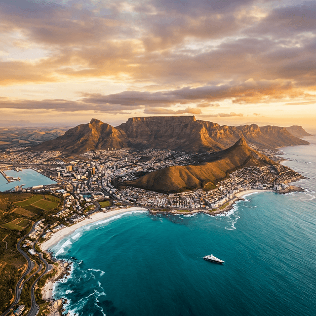 Cape Town aerial — Table Mountain, Atlantic Ocean, Camps Bay at golden hour