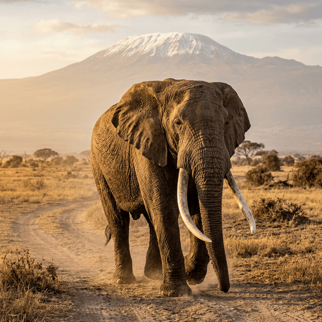 Bull elephant walking towards camera with Mount Kilimanjaro — Amboseli