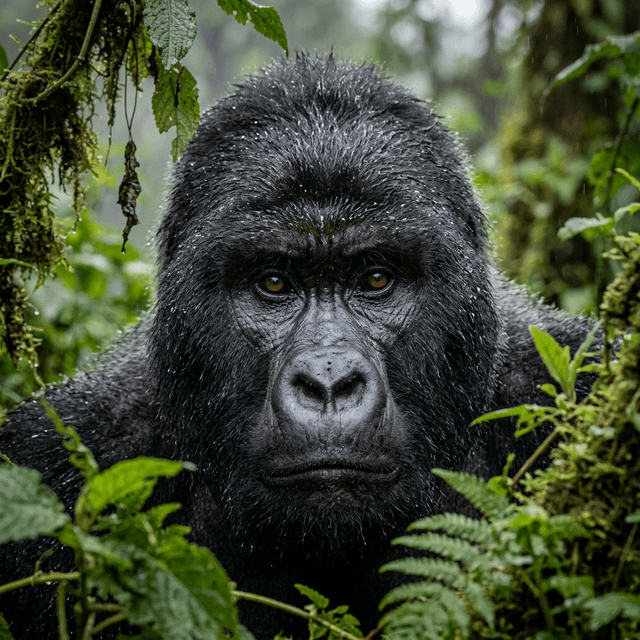 Silverback mountain gorilla close-up portrait — Bwindi/Volcanoes